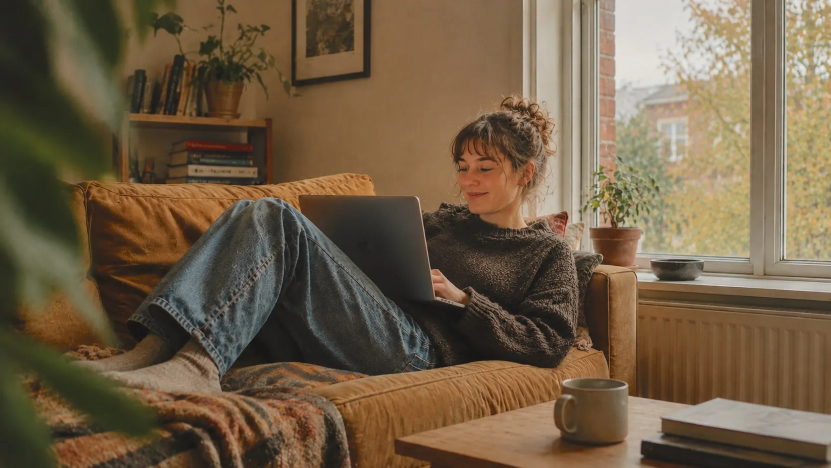 A student studying on a couch with a laptop