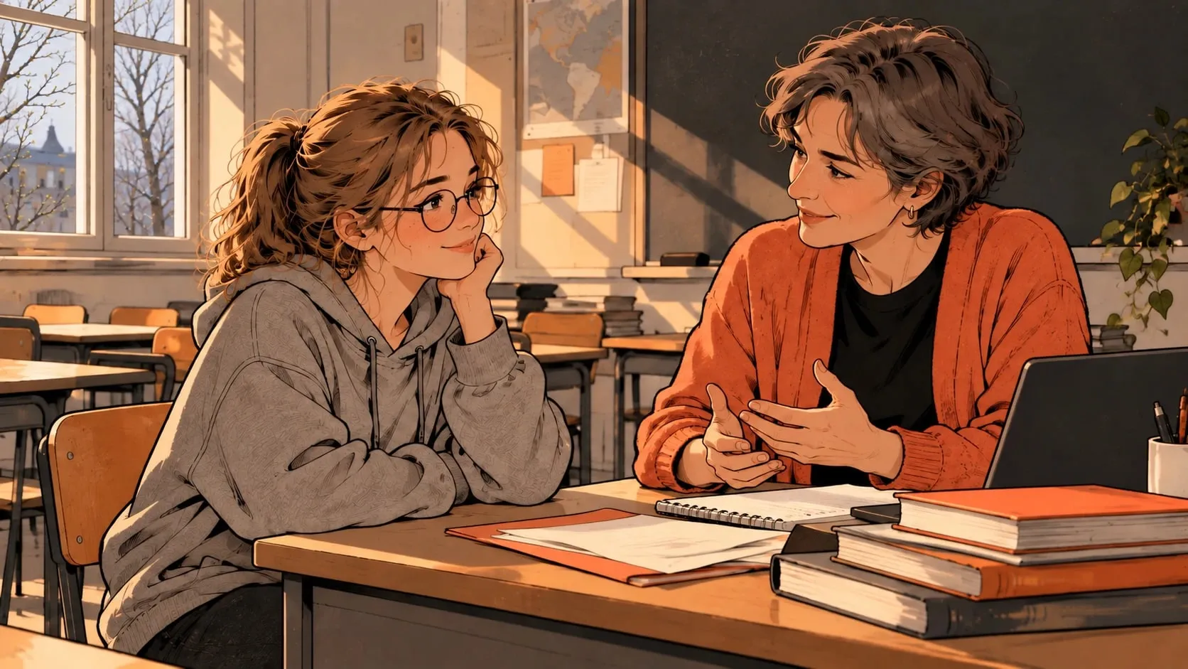 Mette talking with Isabella after class